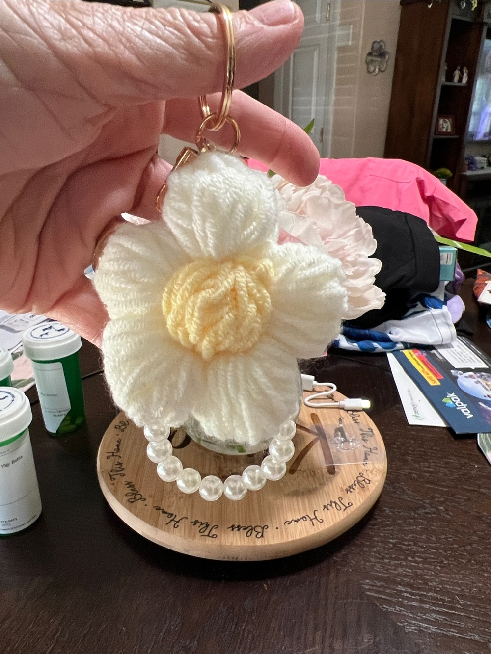 New Handmade White & Pale Yellow Yarn Flower Keychain with Pearl Bead Strap